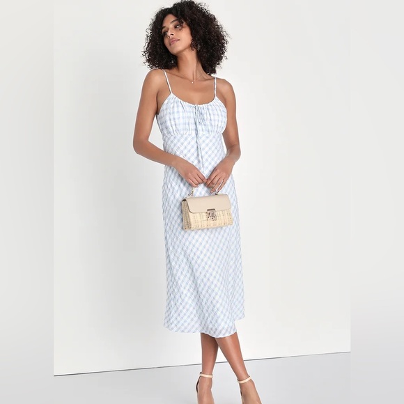 Lulus Dresses & Skirts - Lulu’s Daintily Dreaming White and Blue Sleeveless Gingham Midi Dress